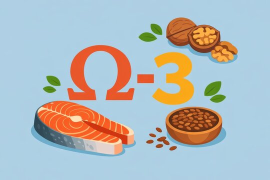 Omega 3 nutrition illustration with salmon walnuts and flaxseed for health banner and dietary design