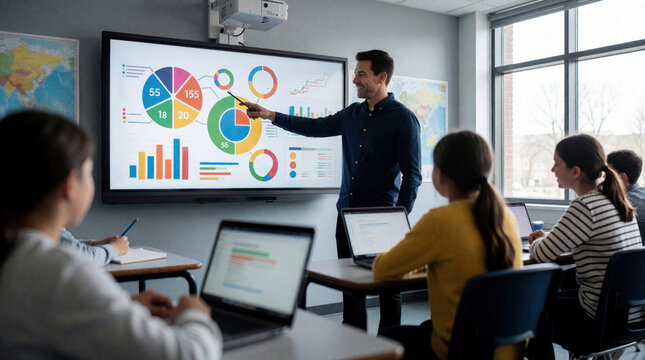 Male teacher points at large interactive touchscreen display with colorful infographics, charts in classroom. Students use laptops for learning during modern lesson. Educator explains data, math