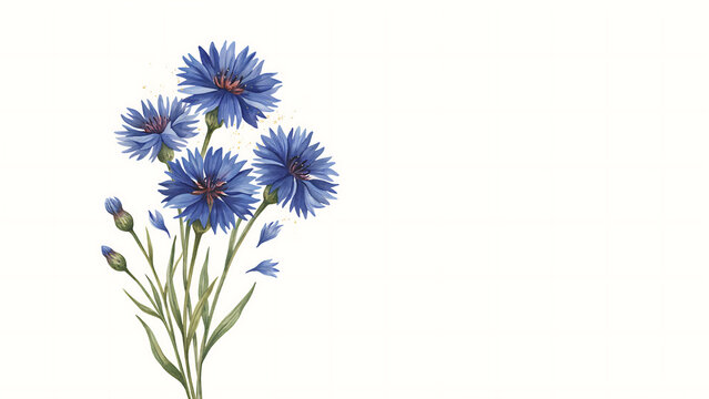 Watercolor bouquet of blue cornflower blossoms and green stems isolated on a transparent background