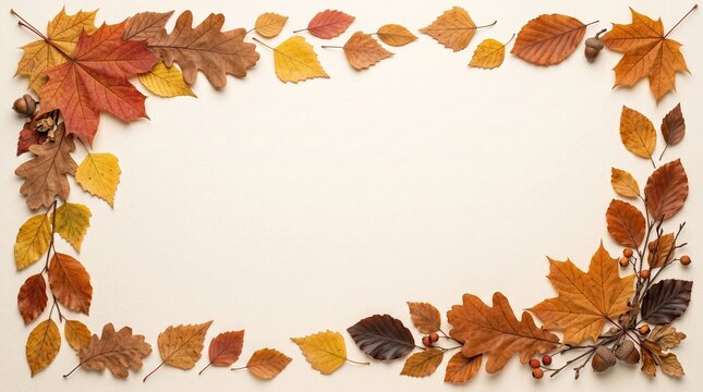 Autumn leaves frame on light background with space for text, thanksgiving concept, copy space