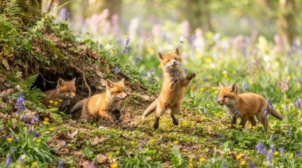 Fototapeta premium Fox Cub Frolic: Adorable fox cubs tumble and play in a sun-dappled forest clearing carpeted with vibrant bluebells and wild flora, capturing the lively spirit of young wildlife.