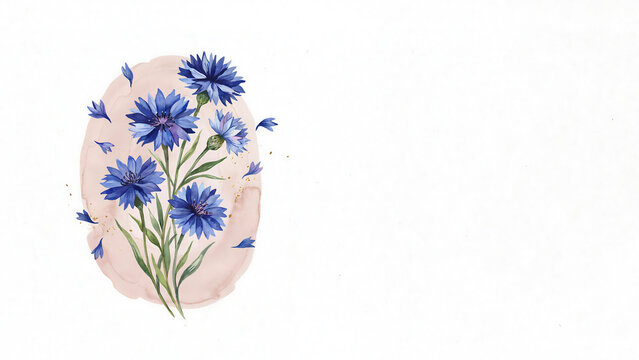 Watercolor bouquet of blue cornflowers on a soft pink background, isolated on a, transparent background