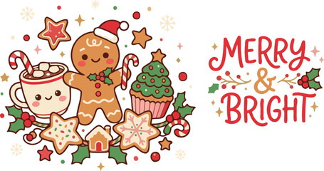 Fototapeta premium Festive watercolor illustration featuring gingerbread man hot cocoa and christmas decorations