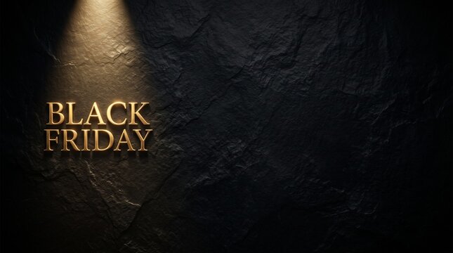 Golden Black Friday text illuminated by spotlight on dark textured background