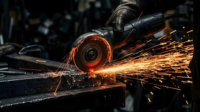 Metalworker using angle grinder to cut steel beam producing bright sparks in workshop.