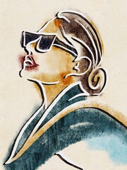 Abstract profile portrait fashion illustration of a chic woman with bun hairstyle wearing sleek black sunglasses and coat. © Karina