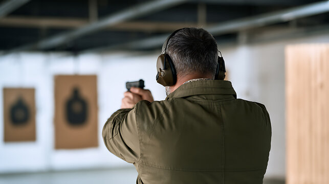 A mature man in protective gear holding a handgun and aim at paper targets inside a modern indoor shooting range facility for practice session