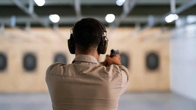 Rear view of focused man with protective earmuffs practice marksmanship aim pistol weapon at paper target inside indoor shooting range facility