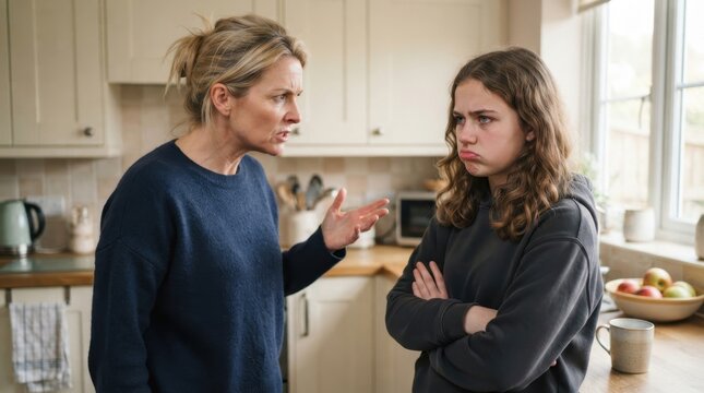 Teenager conflict: A frustrated mother argues with her disengaged teenage daughter in the kitchen, highlighting generational tension and communication breakdown.