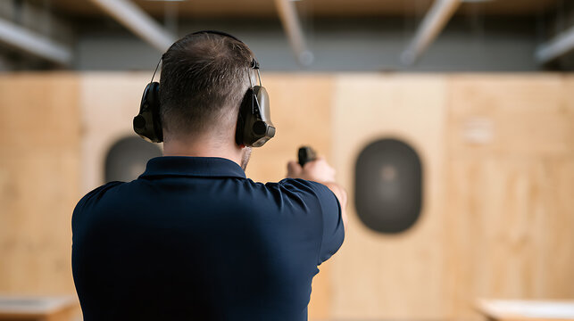 A man wearing hearing protection stands at an indoor shooting range while aiming a handgun toward paper targets during a firearms training session