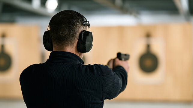 A focused man aim a firearm at a paper target inside an indoor shooting range while wear protective earmuffs for safety during practice