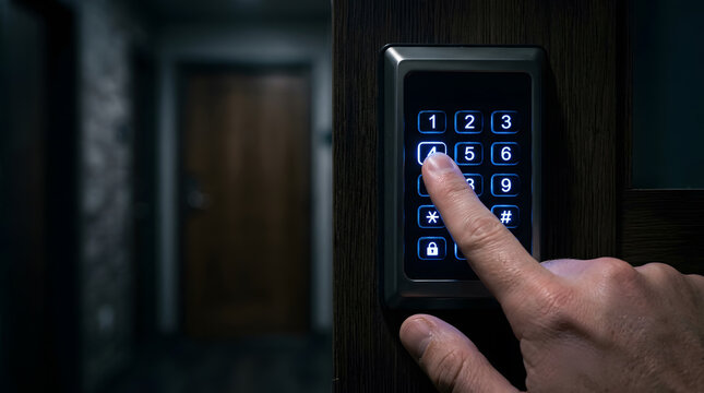 Finger entering PIN code on illuminated smart lock digital keypad mounted on door.