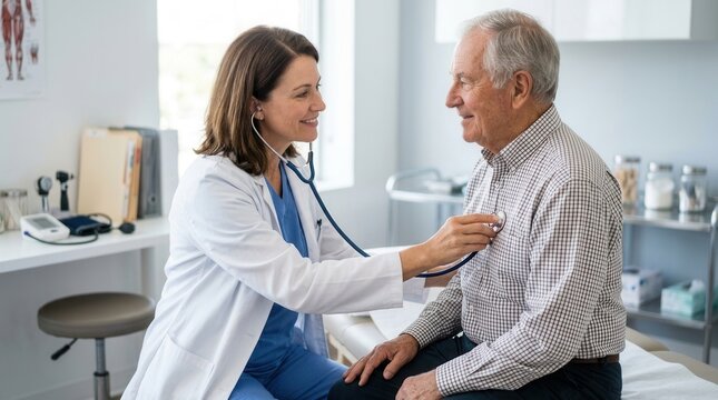 Doctor Examining Senior Patient With Stethoscope in a Clinic Setting