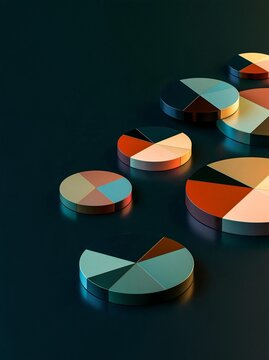 Group of six circular pie charts arranged in a diagonal line on a dark blue background.