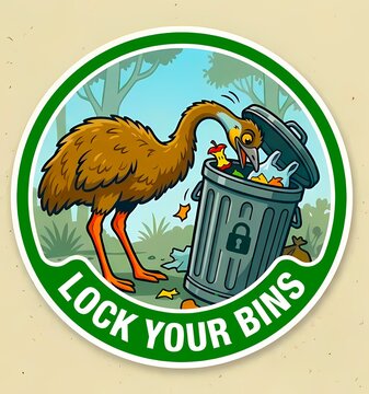 LOCK YOUR BINS public safety message warning forbidden illustration Australian emu flightless bird rummage rubbish collection 