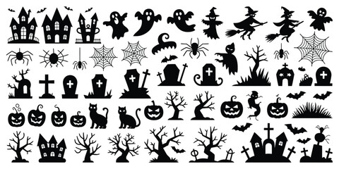 Fototapeta premium Halloween silhouette set, creepy bats pumpkins ghosts skulls witches and horror elements for posters decorations invitations stickers and merchandise