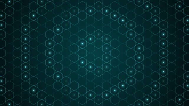 A seamless loop of glowing blue hexagonal nodes on a dark background conveys digital technology and data network connectivity.