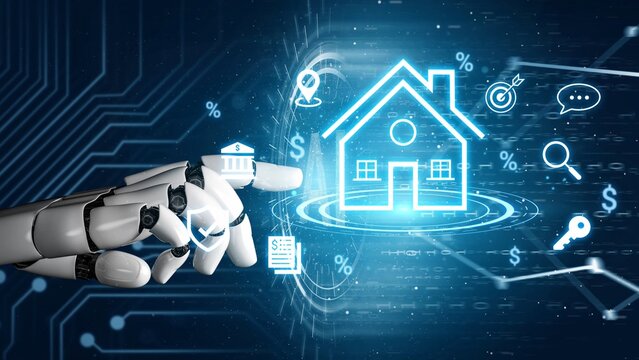 Futuristic robotic hand interacting with holographic house icon, representing technology, smart homes, and digital transformation in real estate sector Gluon.