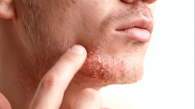 Close-up of a male hand touching an itchy patch below the chin, visible dryness, redness and peeling texture extending along the jawline and lower face, irritated epidermis shown in sharp detail, faci