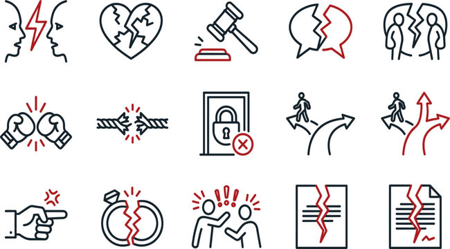 Divorce and relationship conflict line icon set featuring broken heart judge gavel ring separation agreement and argument vector