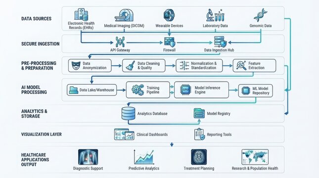Healthcare data analytics and ai processing workflow diagram
