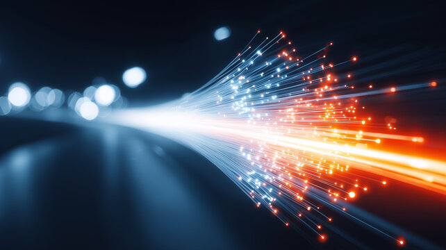 Fiber optic strands carrying streams of light represent high speed data transmission and next generation digital connectivity.
