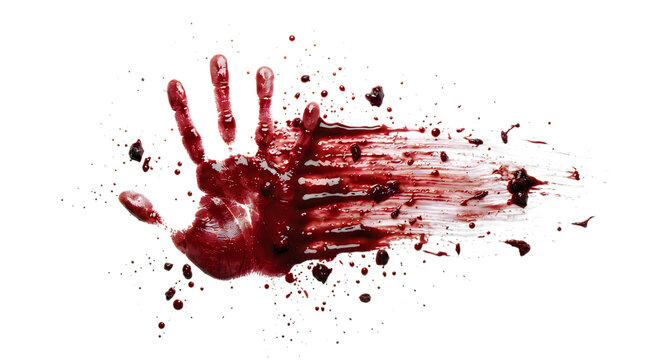 Bloody hand print smear with red liquid splatters and stains