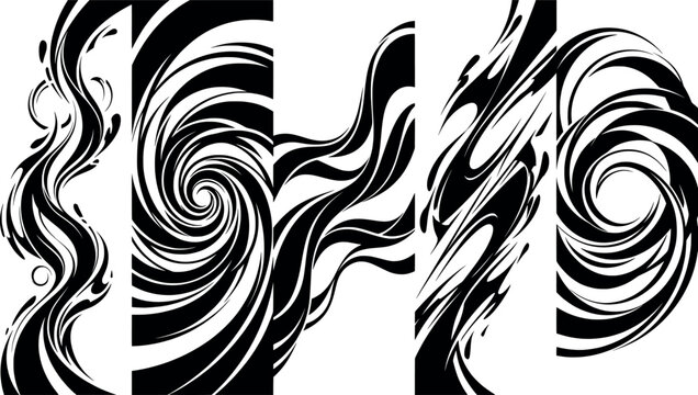 Set of abstract black and white liquid swirl and wave vector patterns