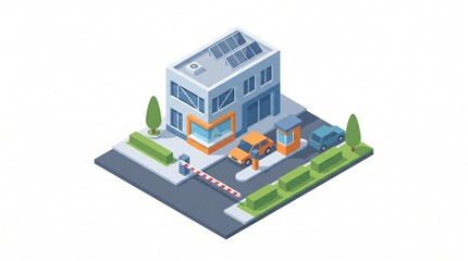 Obraz premium Isometric Illustration of a Modern Parking Lot Building with Controlled Access Barrier Gate and Commuter Cars on a City Roadway