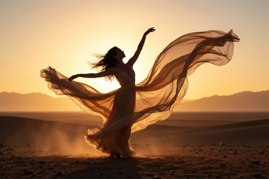 Silhouette of young woman dancing in vast desert at sunset. Long flowing dress flies in wind against golden sky. Female dancer expresses freedom, joy during summer holiday in sand dunes. Beautiful