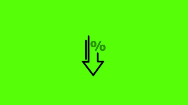 Percentage down arrow icon animation on green screen, financial discount concept decrease