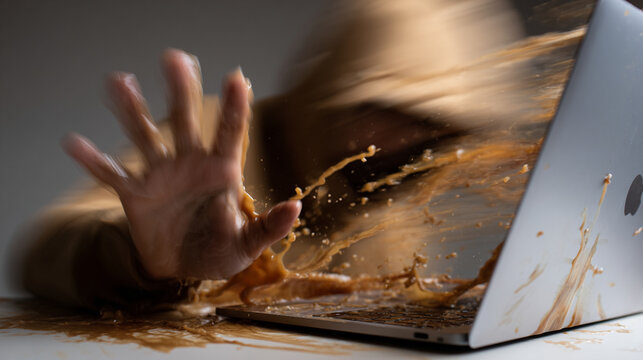 Person accidentally spilling coffee over modern laptop computer with blurred motion and dramatic lighting aesthetic style