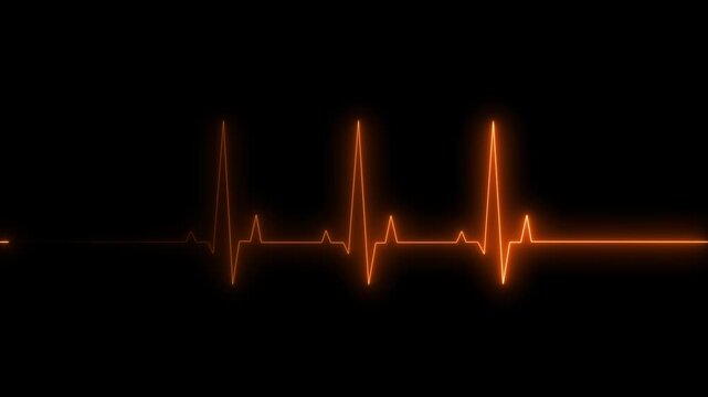 Neon orange heartbeat ekg monitor line pulsing on black background, medical cardiology concept