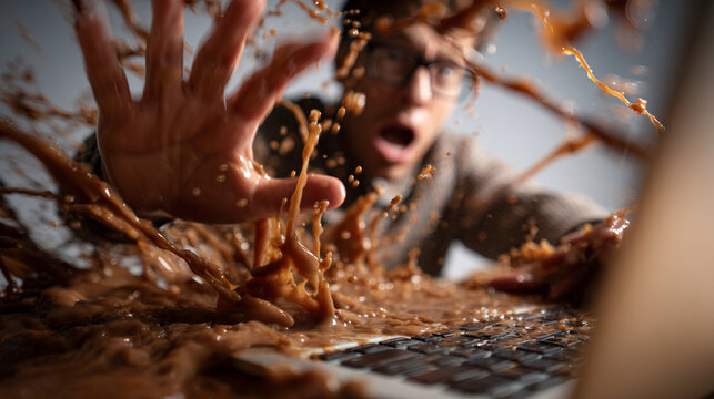 Shocked young man reacting to hot coffee spilling accidentally onto his expensive silver modern laptop computer