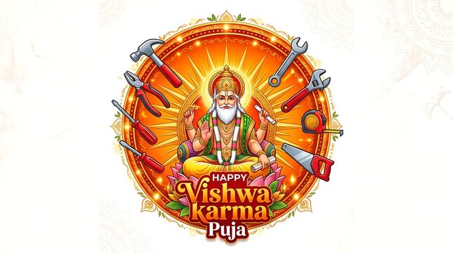 Vishwakarma Puja Graphic - Four-Armed Deity with Tools and Sunburst Halo