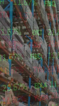 Animation of stock market and financial data processing over empty warehouse