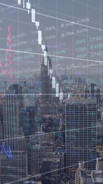 Animation of financial data processing over cityscape