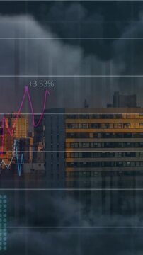 Animation of financial data processing over cityscape