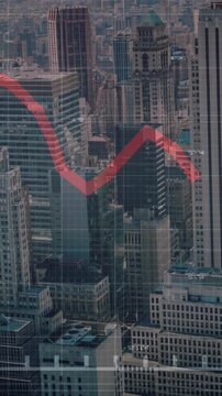 Animation of red line, financial data processing over cityscape