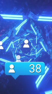 Animation of icons and glowing blue shapes over dark background