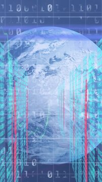 Animation of data processing, globe and lights on navy background