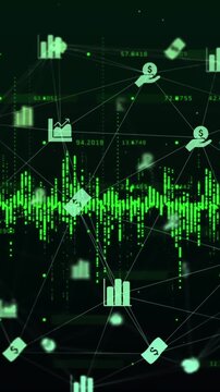 Animation of icons and network of connections over dark background