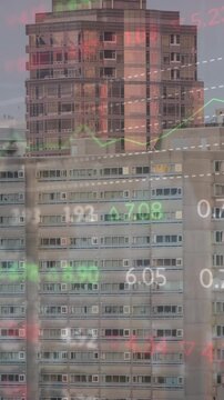 Animation of financial graph and data processing over cityscape