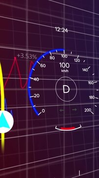 Animation of speedometer, battery indicator and navigation line with multicolored graphs