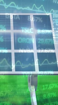 Animation of financial data processing over solar panel on grass and blue background