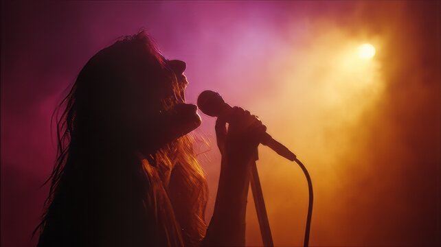 Silhouette of female singer performing on stage, woman vocalist with microphone in colorful smoke, live music concert with pink and orange lighting