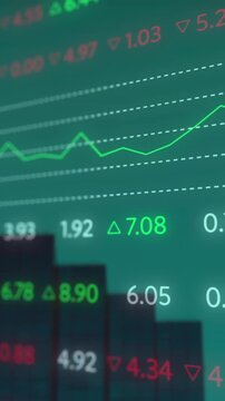 Animation of stock market data processing against tall buildings