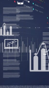 Animation of statistical and stock market data processing against blue background