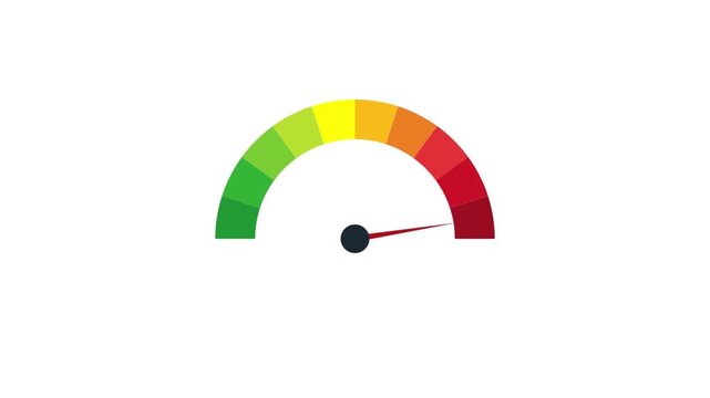 Dynamic performance indicator gauge with needle pointing towards a critical or high-level zone, signifying important data measurement, risk assessment, or speed output