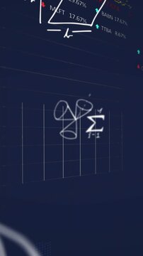 Animation of data processing and mathematical equations on black background